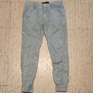 Publish Light Blue Embroidered Acid Washed Lightweight Denim Style Jogger Pants